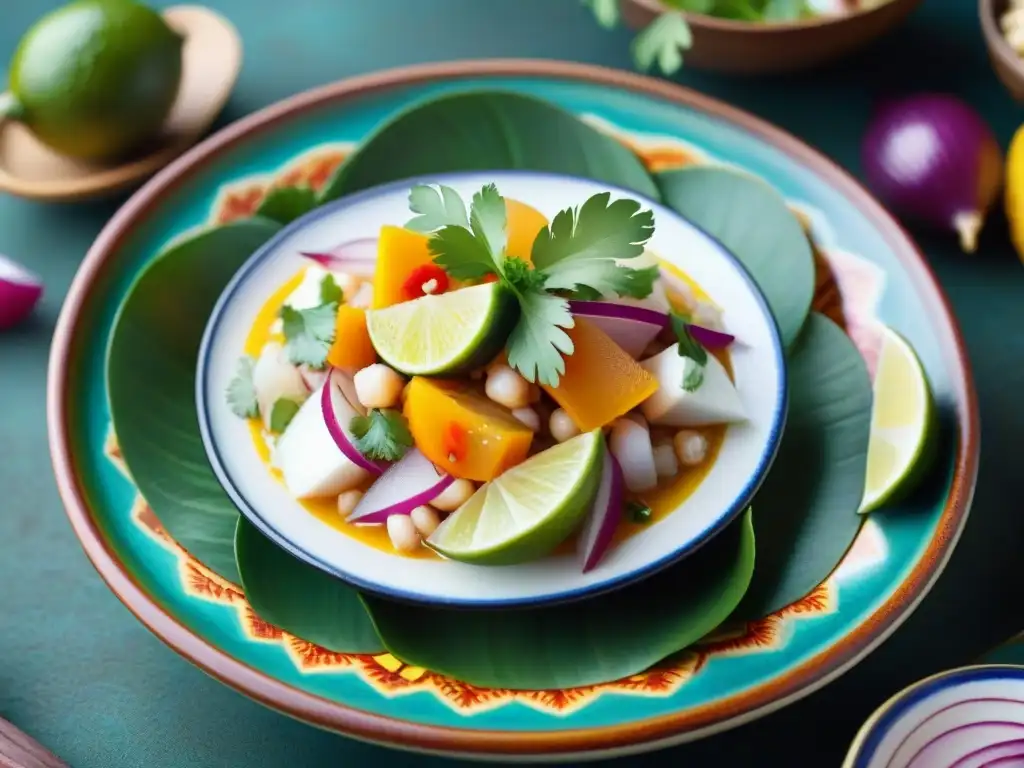 Un ceviche peruano tradicional contemporáneo en un mercado bullicioso