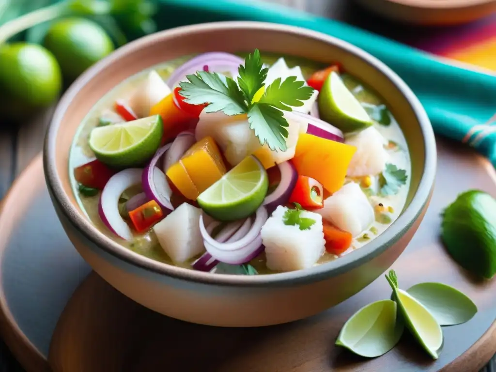 Un ceviche peruano tradicional en un cuenco de barro, decorado con limón, cebolla roja, cilantro y rocoto