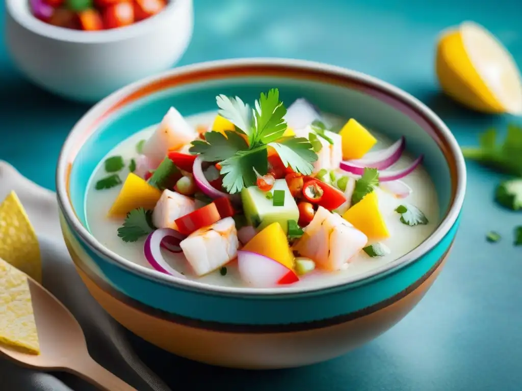 Un ceviche peruano tradicional en un elegante tazón de cerámica, adornado con cilantro fresco, cebolla roja y variedad de ajíes peruanos