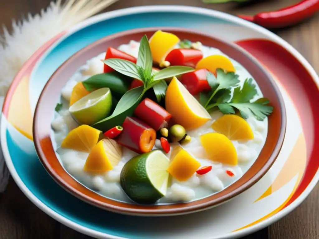 Un ceviche peruano tradicional con frescos mariscos, limón, ajíes rojos y adornos coloridos en un plato de cerámica pintado a mano