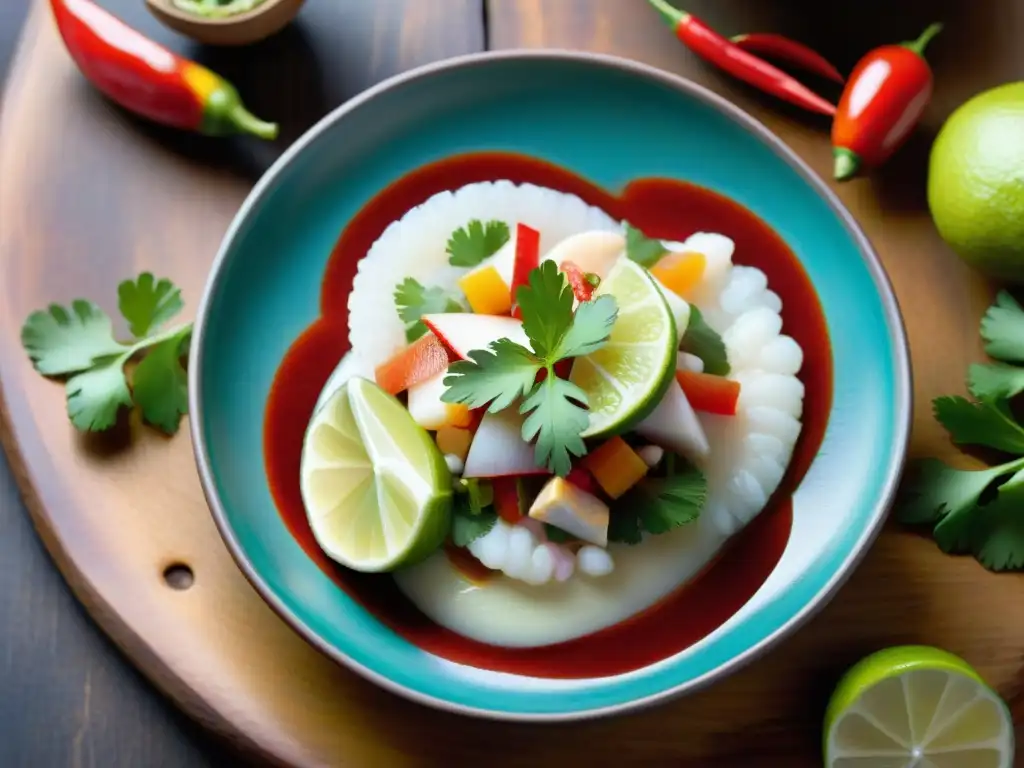 Un ceviche peruano tradicional en una hermosa presentación sobre un plato de cerámica colorido, con limón, cilantro y ají rojo