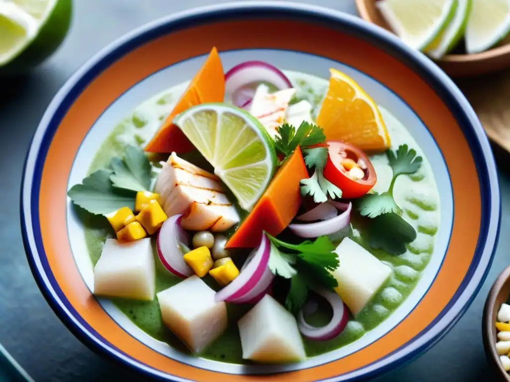 Un ceviche peruano tradicional con ingredientes autóctonos en un bol de cerámica vibrante