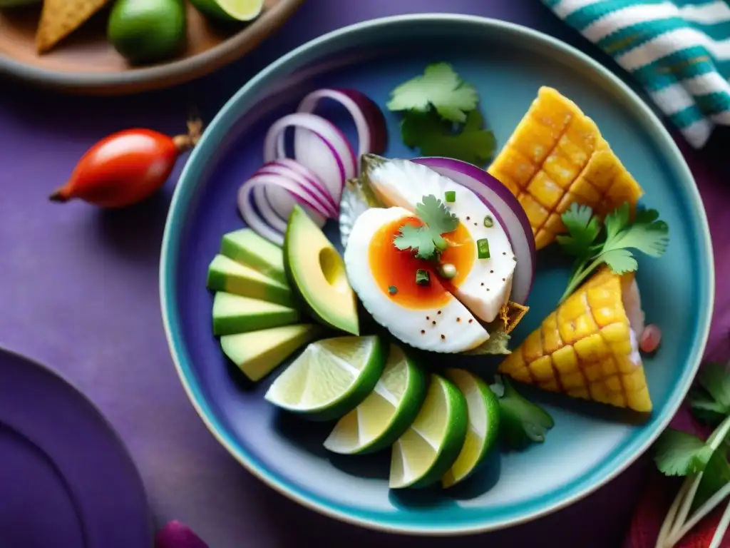 Deléitate con un ceviche peruano tradicional, con ingredientes autóctonos y presentación colorida