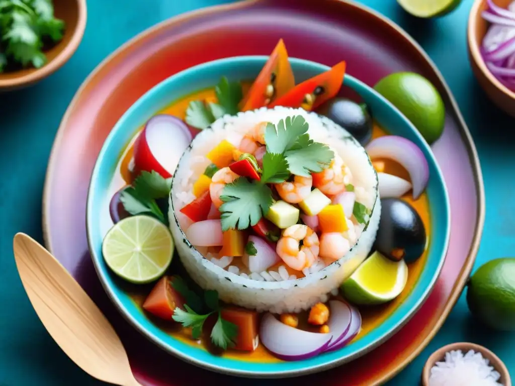 Un ceviche peruano tradicional con ingredientes autóctonos en un mercado de mariscos colorido