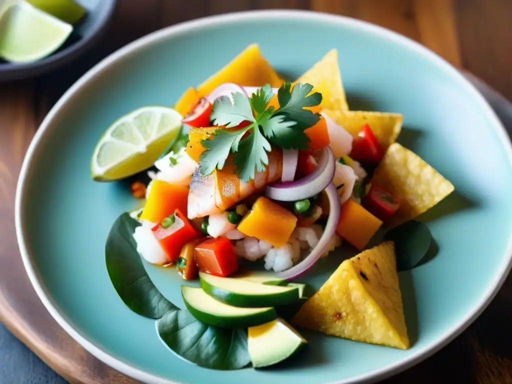 Ceviche peruano: explosión de sabores y colores frescos Un ceviche peruano tradicional con ingredientes autóctonos, colores vibrantes y texturas frescas, en una presentación auténtica