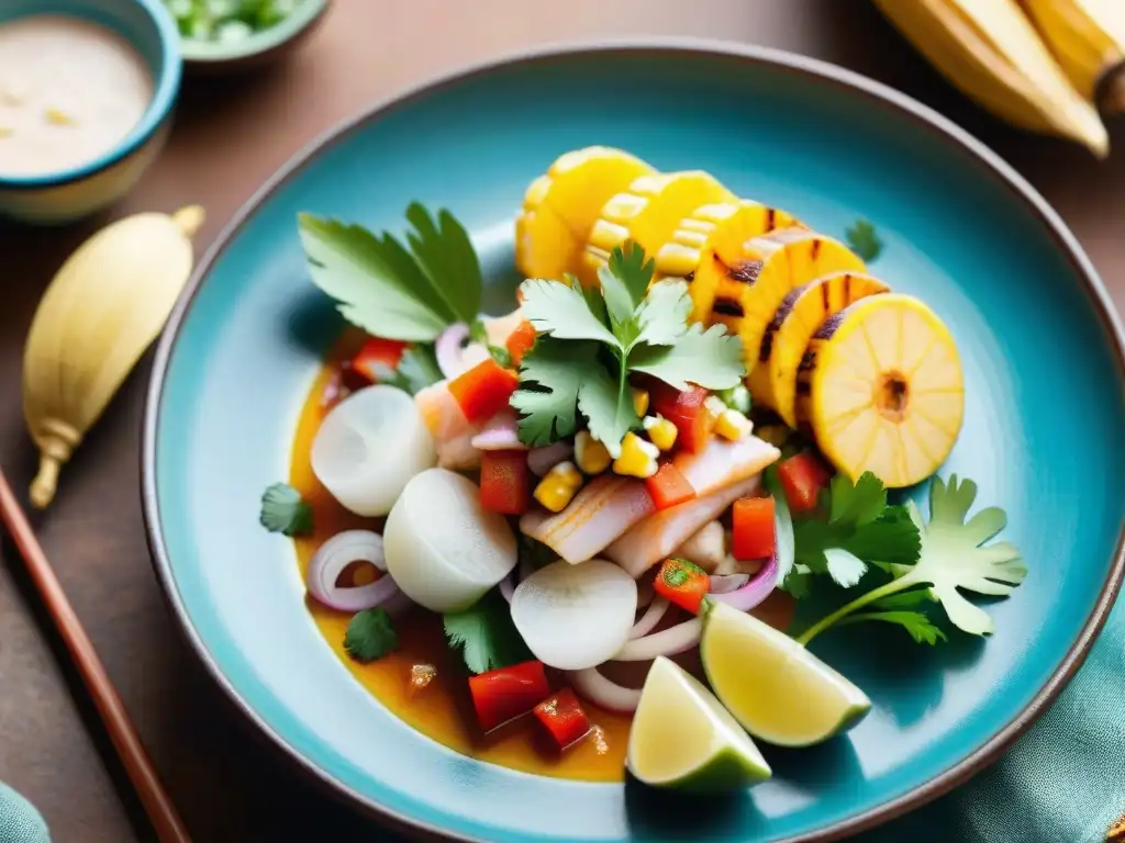 Sabroso ceviche peruano: detalle y tradición Un ceviche peruano tradicional con ingredientes autóctonos, servido en una vistosa vajilla de cerámica rústica