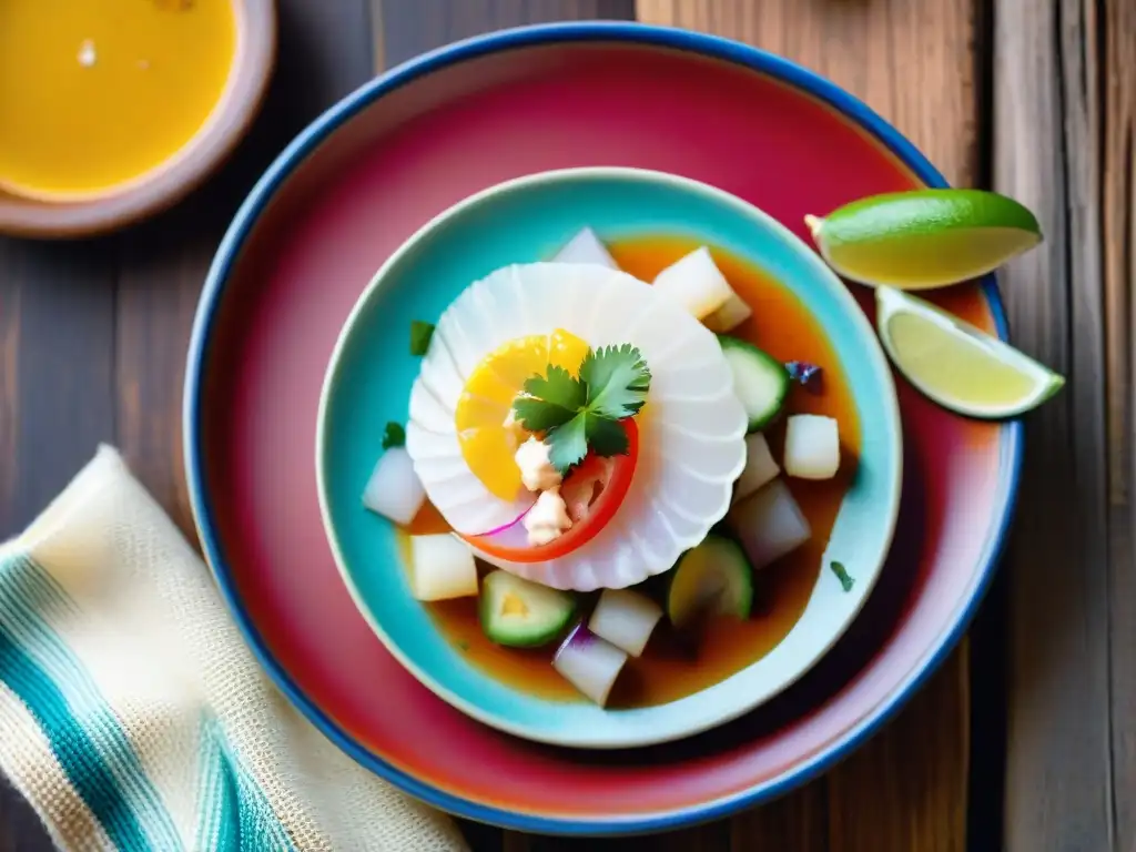 Un ceviche peruano tradicional con ingredientes autóctonos servido en plato artesanal