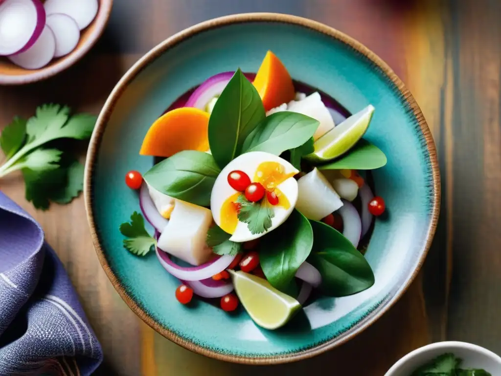 Un ceviche peruano tradicional con ingredientes autóctonos, presentado de forma artística en una colorida escena de mercado peruano