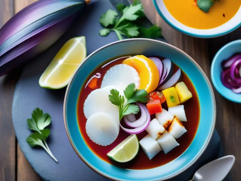 Un ceviche peruano tradicional con ingredientes autóctonos en una mesa rústica