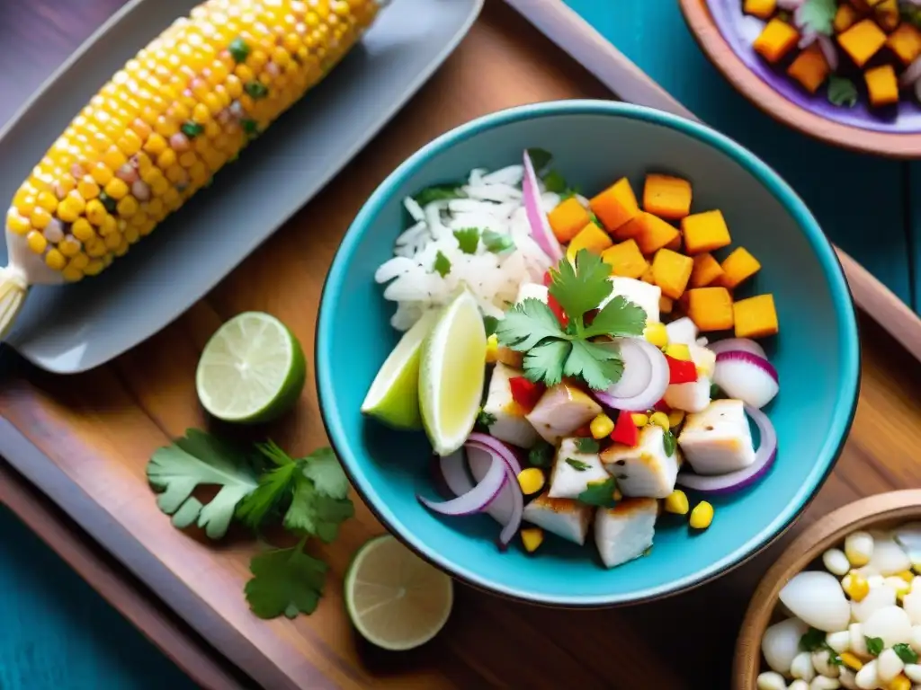 Un ceviche peruano tradicional con ingredientes autóctonos en un vibrante plato de cerámica en mercado peruano