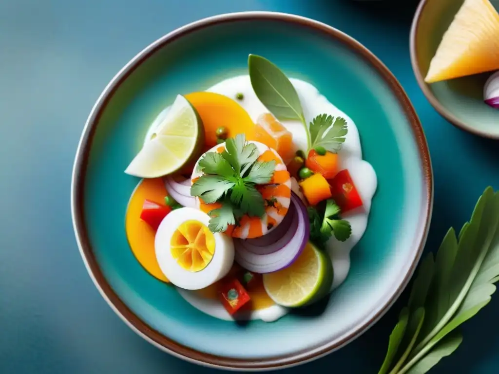 Un ceviche peruano tradicional con ingredientes frescos y coloridos, presentado con exquisitez en una cerámica pintada a mano