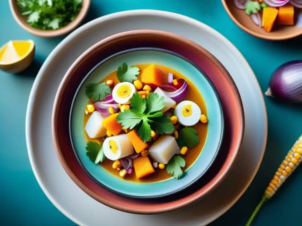 Un ceviche peruano tradicional con ingredientes autóctonos y colores vibrantes, en un mercado de pescado junto al mar