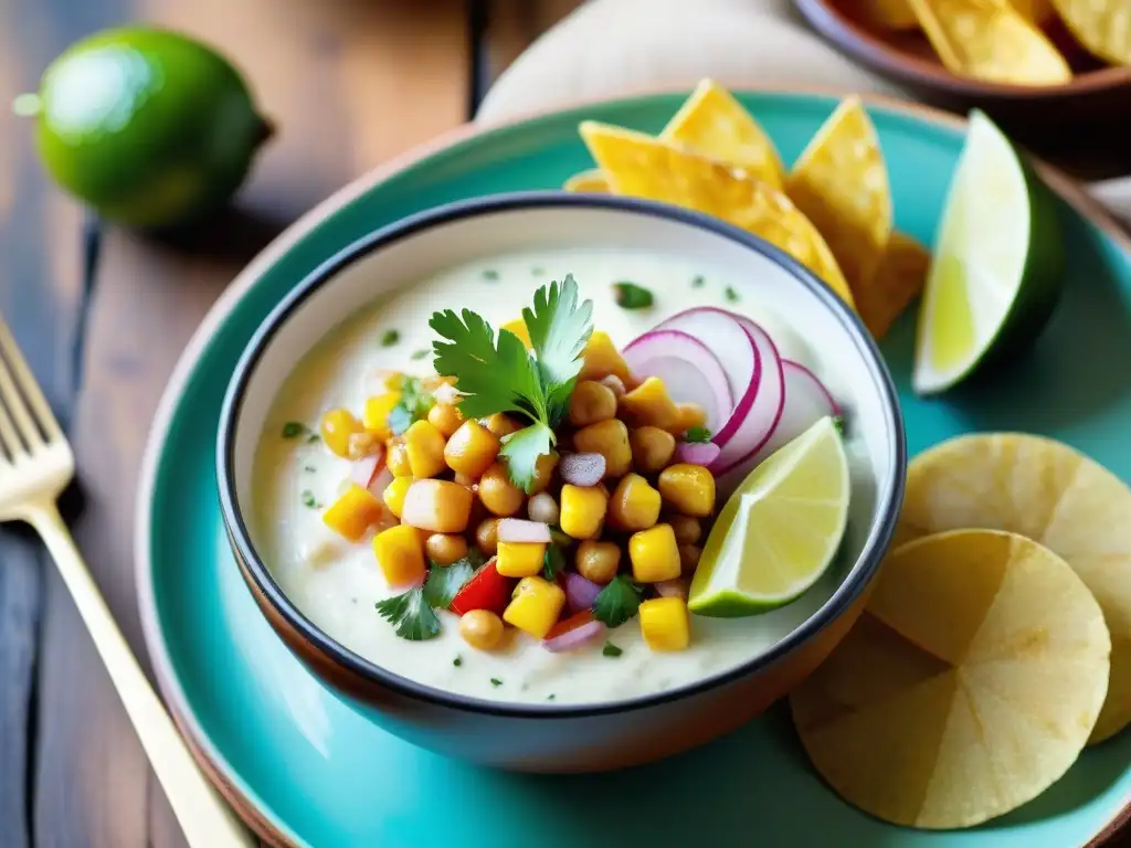 Un ceviche peruano tradicional con leche de tigre, servido en un bol colorido sobre una mesa rústica