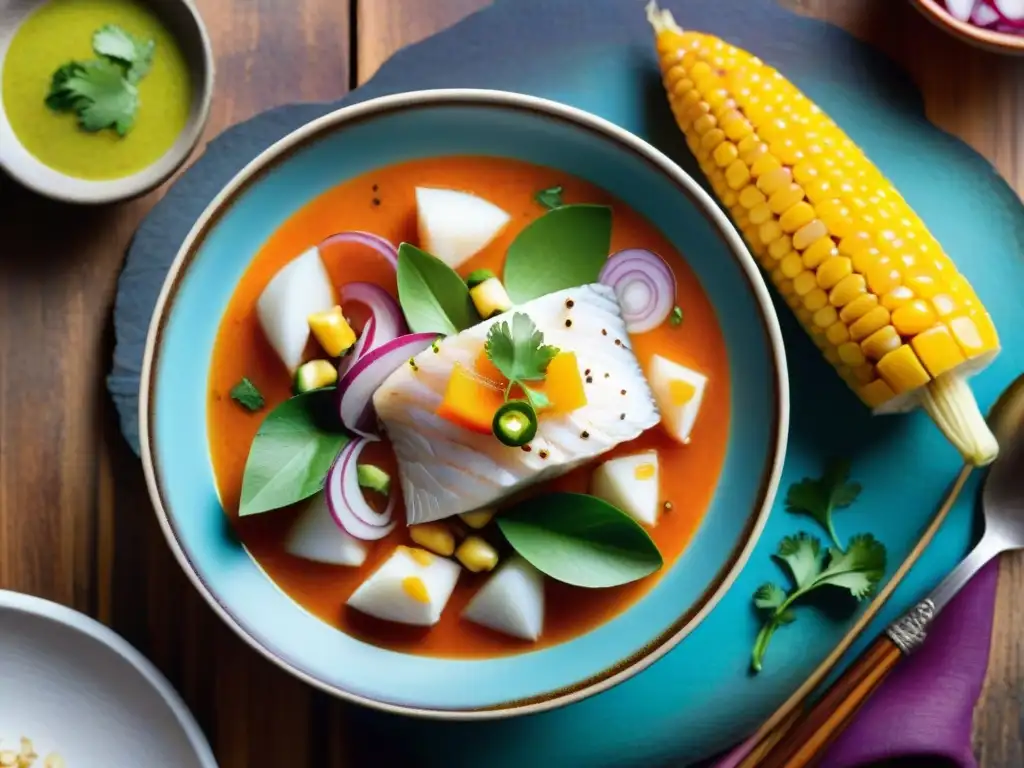 Deléitate con un ceviche peruano tradicional lleno de color y sabor en un plato cerámico, sobre una mesa de madera rústica