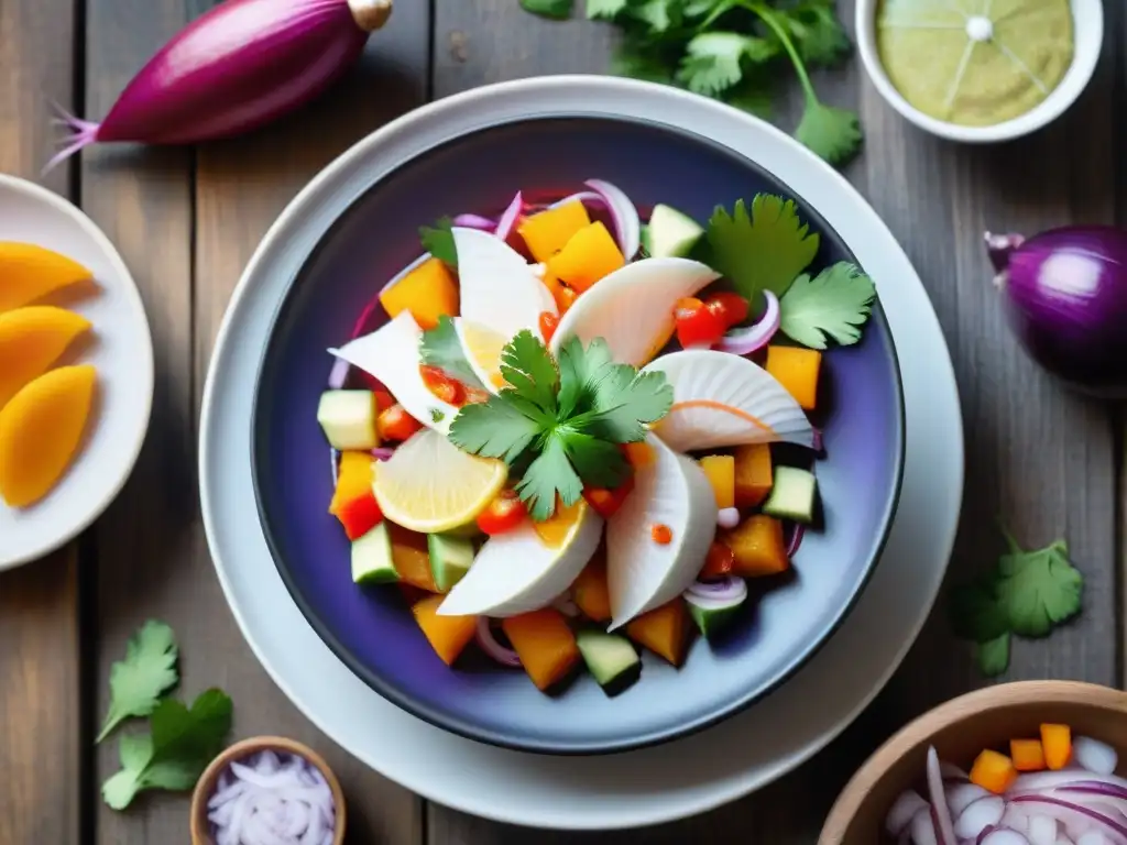 Un ceviche peruano tradicional con maceración pisco y sabores únicos, sobre una mesa de madera rústica