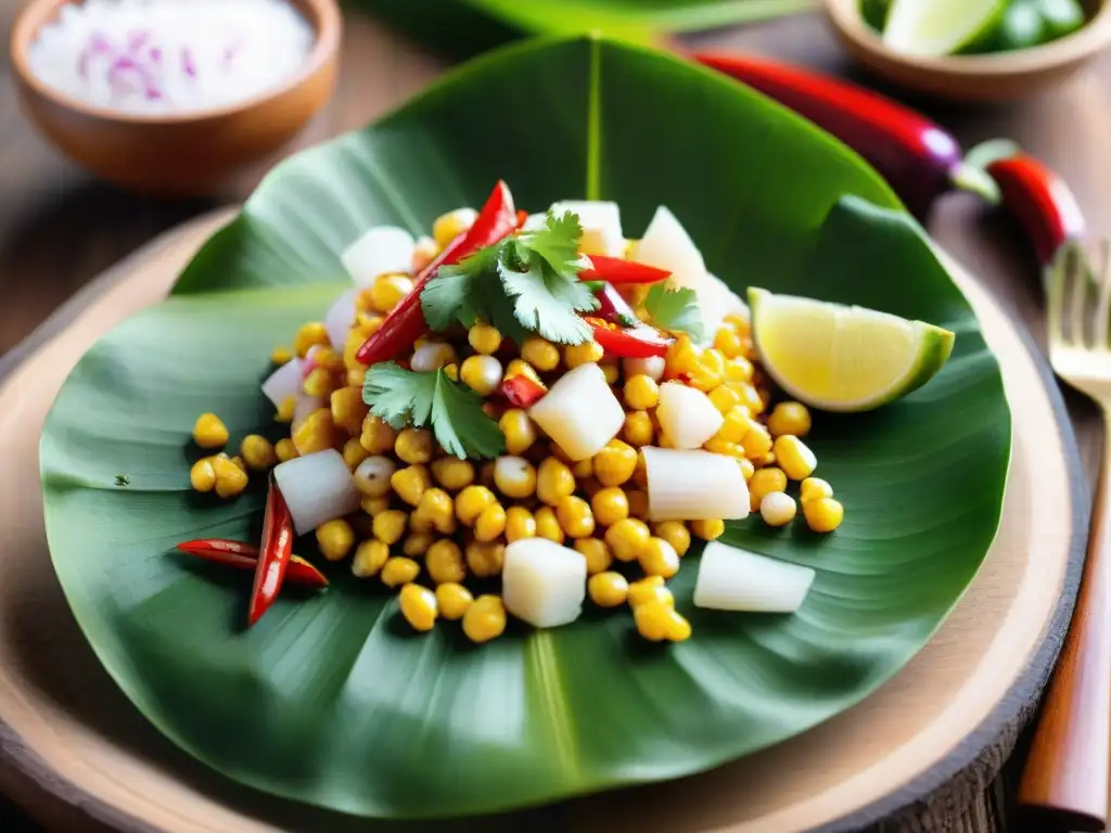 Un ceviche peruano tradicional, mariscos frescos en hojas de plátano, limón y ají, sobre mesa rústica con mercado costero al fondo