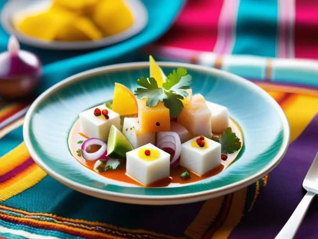 Un ceviche peruano tradicional en un mercado colorido