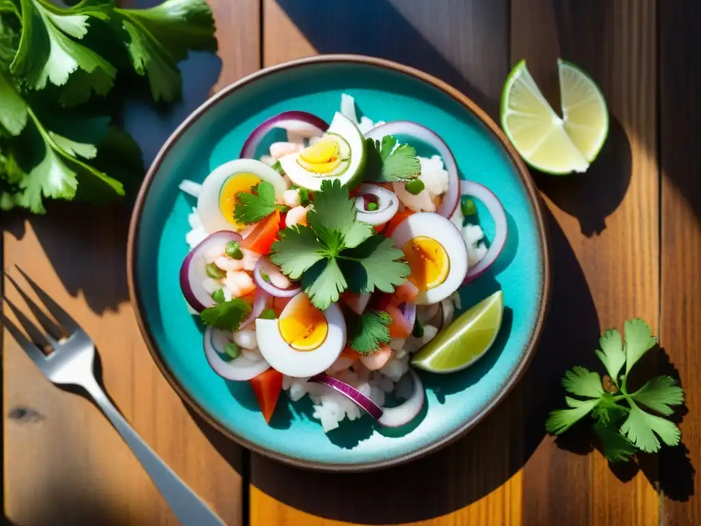 Exquisito ceviche peruano: arte culinario en detalle Fotografía de un ceviche peruano tradicional con limón, cebolla, cilantro y ají, en una mesa rústica iluminada por el sol