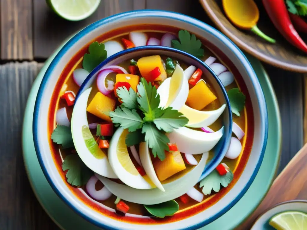 Un ceviche peruano tradicional, con pescado fresco y coloridos ingredientes, en un mercado de Lima