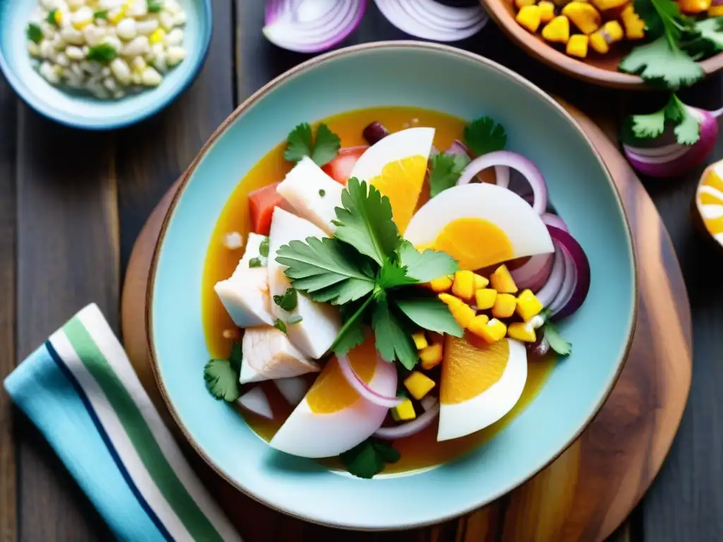 Un ceviche peruano tradicional con pescado fresco, cebolla, cilantro, camote y maíz