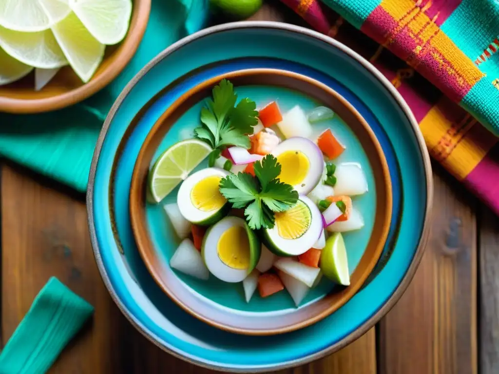 Un ceviche peruano tradicional, con pescado fresco, limón, cebolla y cilantro en un plato colorido sobre mesa de madera rústica con textiles peruanos