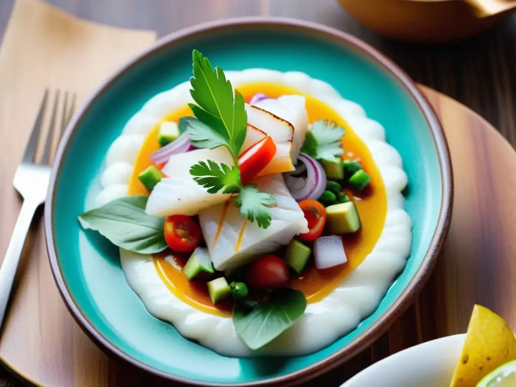 Un ceviche peruano tradicional, con pescado blanco marinado, cebolla roja, limón y ají, sobre una vistosa cerámica