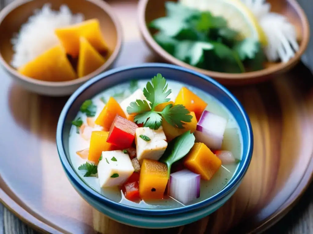 Un ceviche peruano tradicional con pimientos aji y yuca frita, en un mercado peruano colorido