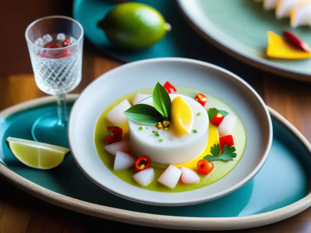 Un ceviche peruano tradicional y un Pisco Sour cuidadosamente elaborado en un restaurante elegante