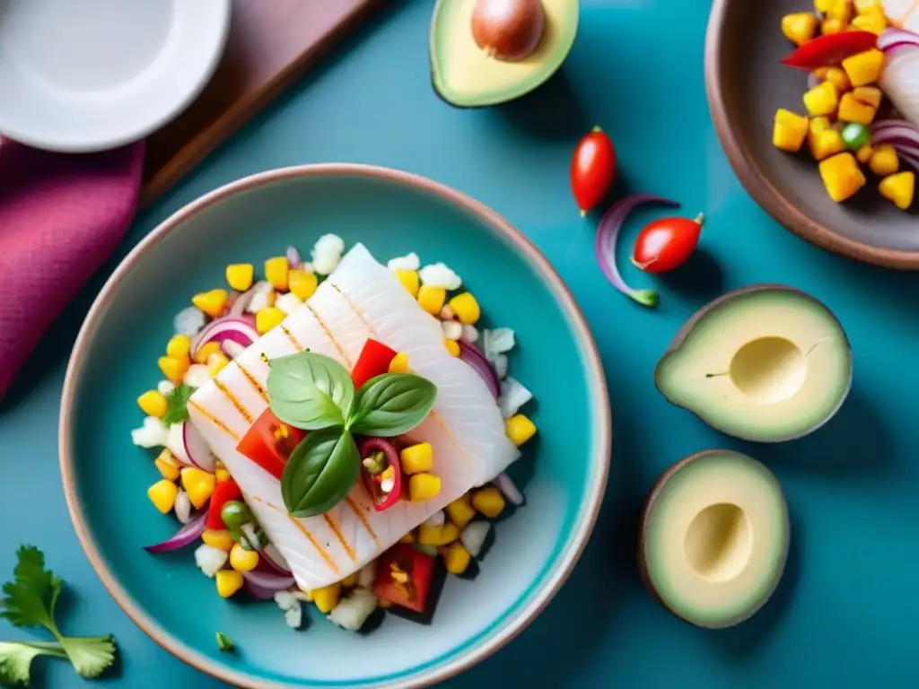 Un ceviche peruano tradicional en plato vibrante sobre mesa de madera rústica, destacando los colores y sabores de la gastronomía peruana