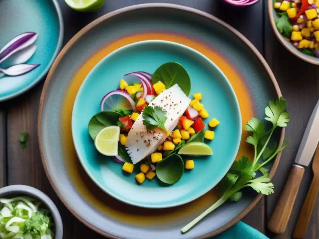 Un ceviche peruano tradicional en un plato colorido sobre mesa de madera rústica