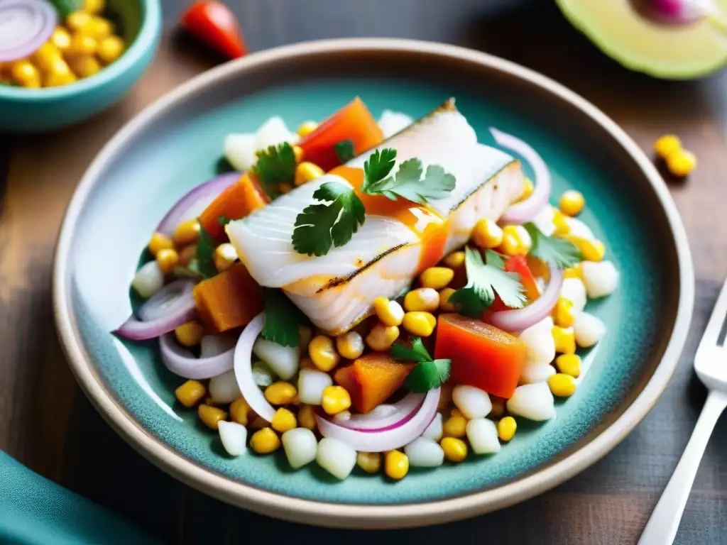 Deléitate con un ceviche peruano tradicional en plato cerámico colorido