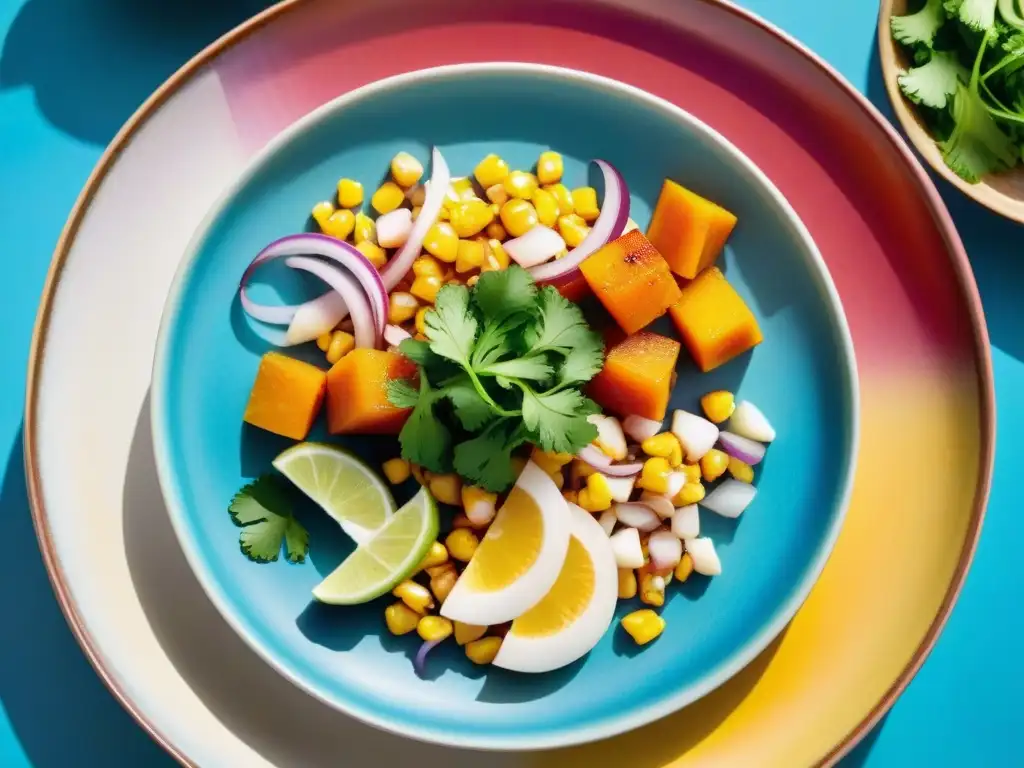 Un ceviche peruano tradicional en plato colorido con maridaje de sabores frescos y vibrantes, en un mercado peruano bullicioso