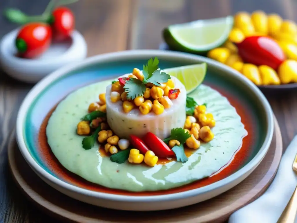 Un ceviche peruano tradicional en plato cerámico colorido, decorado con limón, cilantro y ají