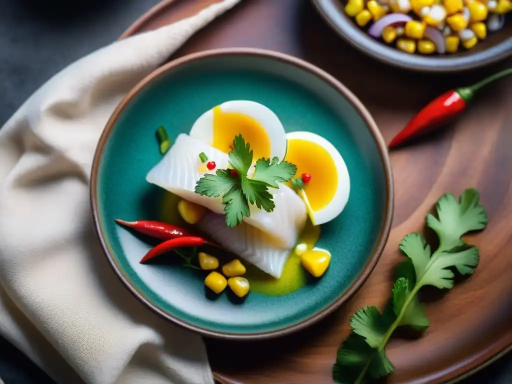 Delicioso ceviche peruano: frescura y color en 8k Fotografía de un ceviche peruano tradicional en plato de cerámica rústico, resaltando frescura y colores vibrantes