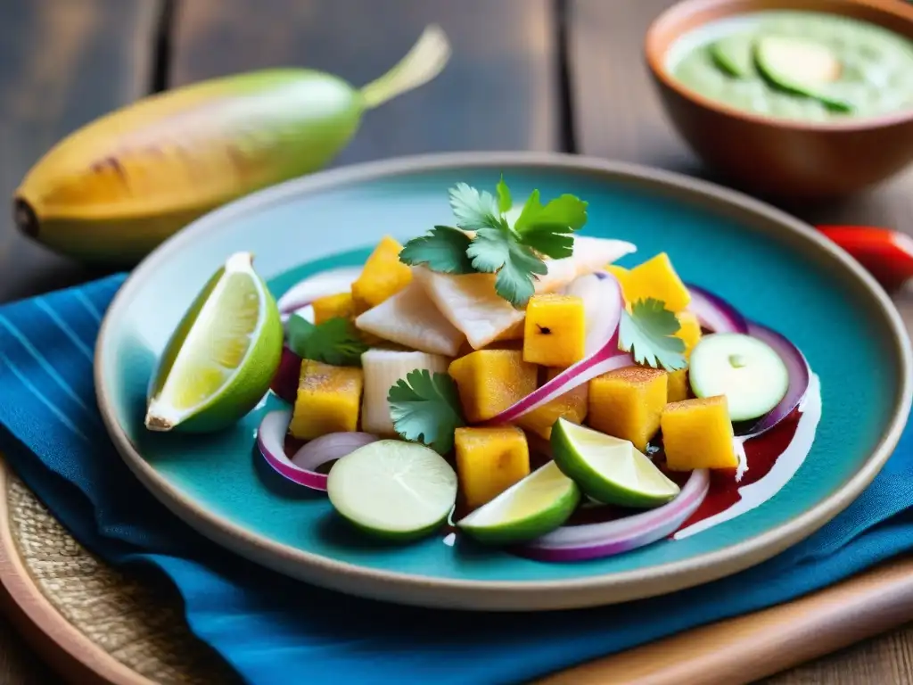 Un ceviche peruano tradicional en plato de cerámica, con textura y sabor auténticos