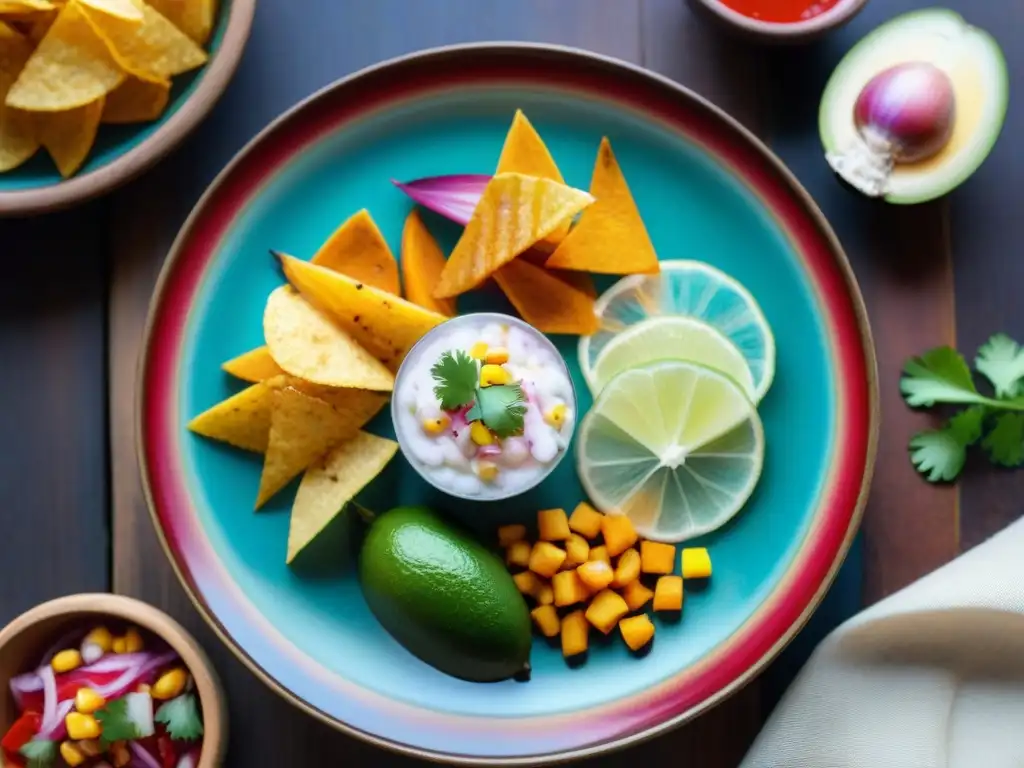 Un ceviche peruano tradicional en un plato de cerámica colorida, rodeado de textiles peruanos vibrantes y una mesa de madera rústica