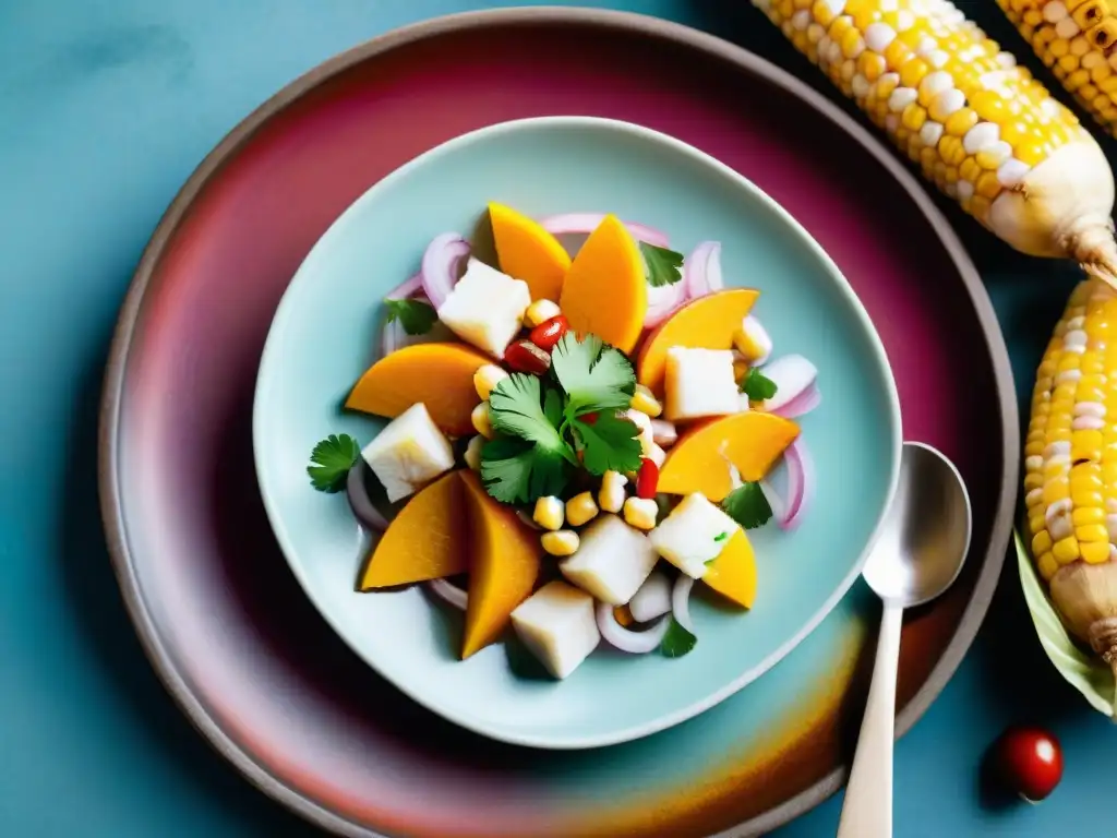 Un ceviche peruano tradicional en plato cerámico rústico, con pisco