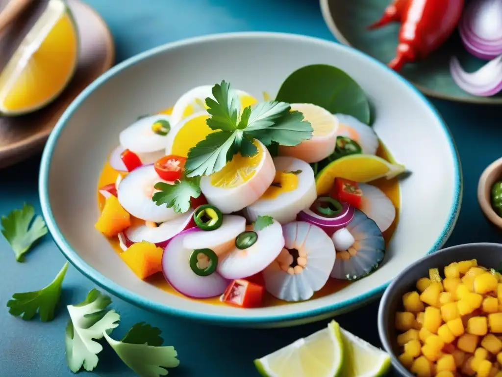 Un ceviche peruano tradicional preparado con maestría en un mercado al aire libre en Lima, mostrando la auténtica artesanía culinaria peruana