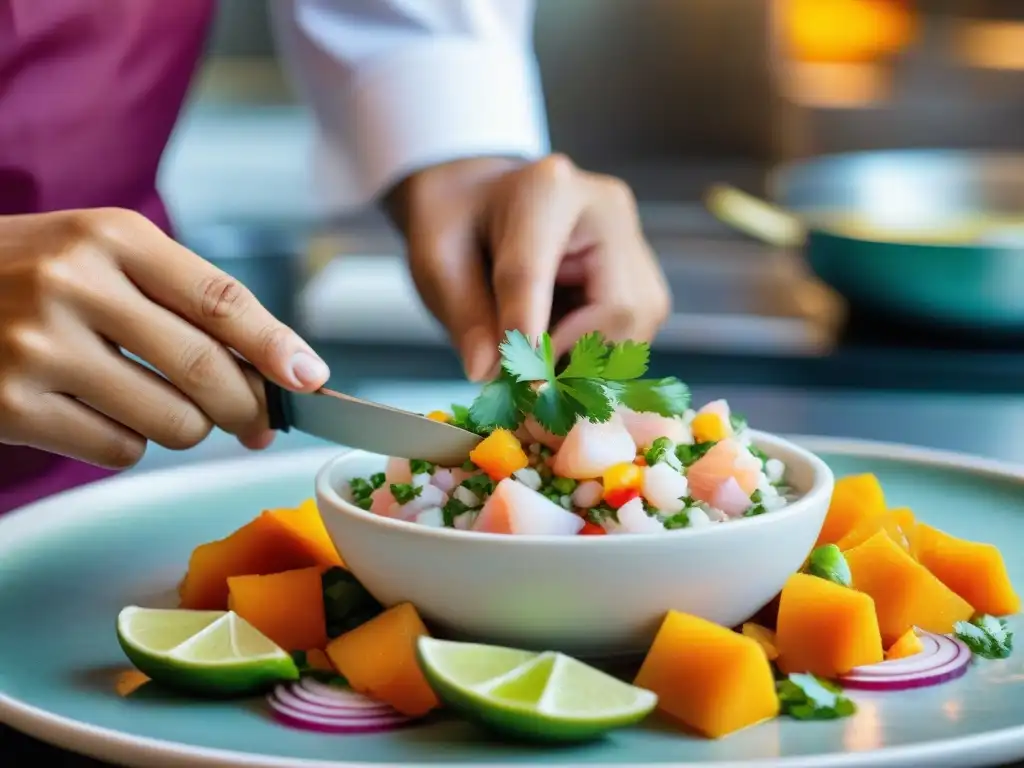 Un ceviche peruano tradicional siendo preparado con maestría en una bulliciosa cocina