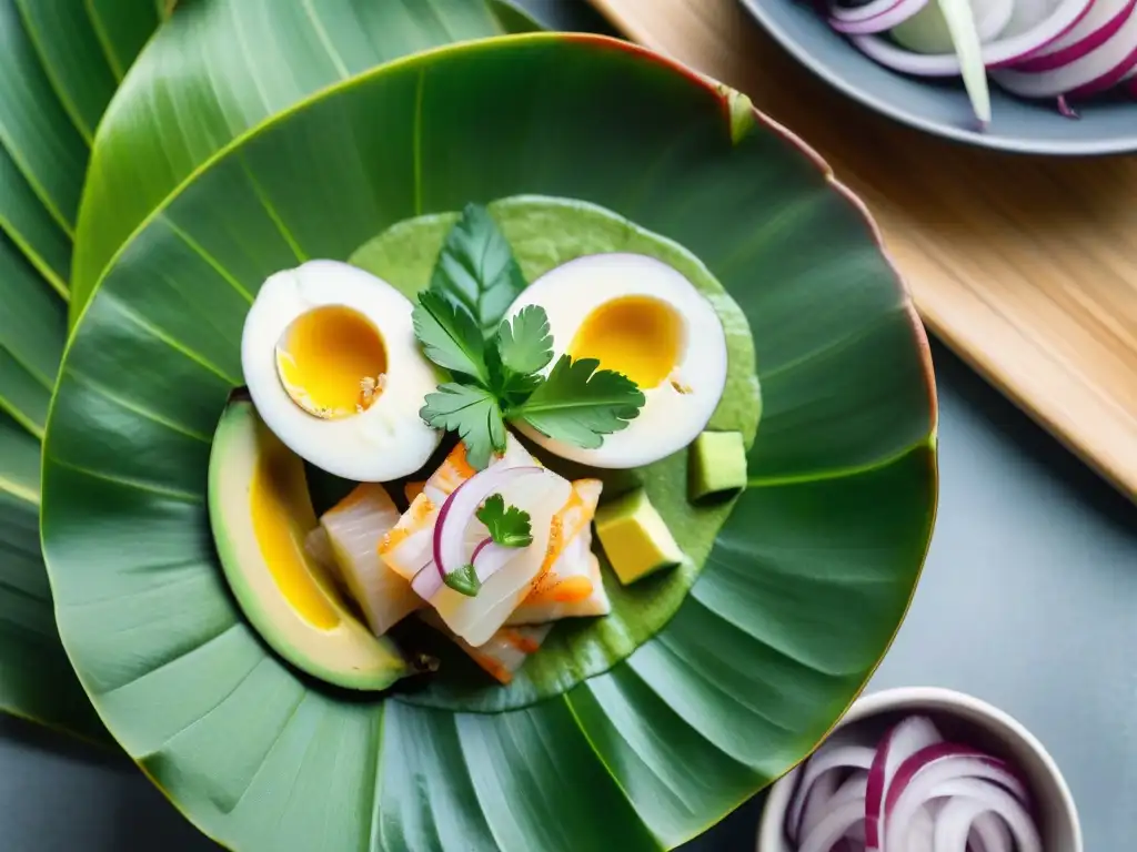 Un ceviche peruano tradicional en una presentación elegante sobre hojas de plátano, con aguacate, cebolla roja y cilantro fresco