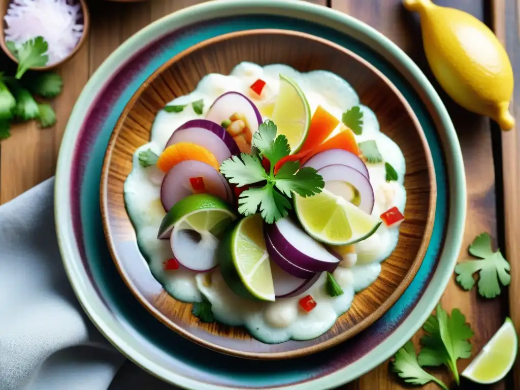 Un ceviche peruano tradicional artísticamente presentado en un plato de cerámica