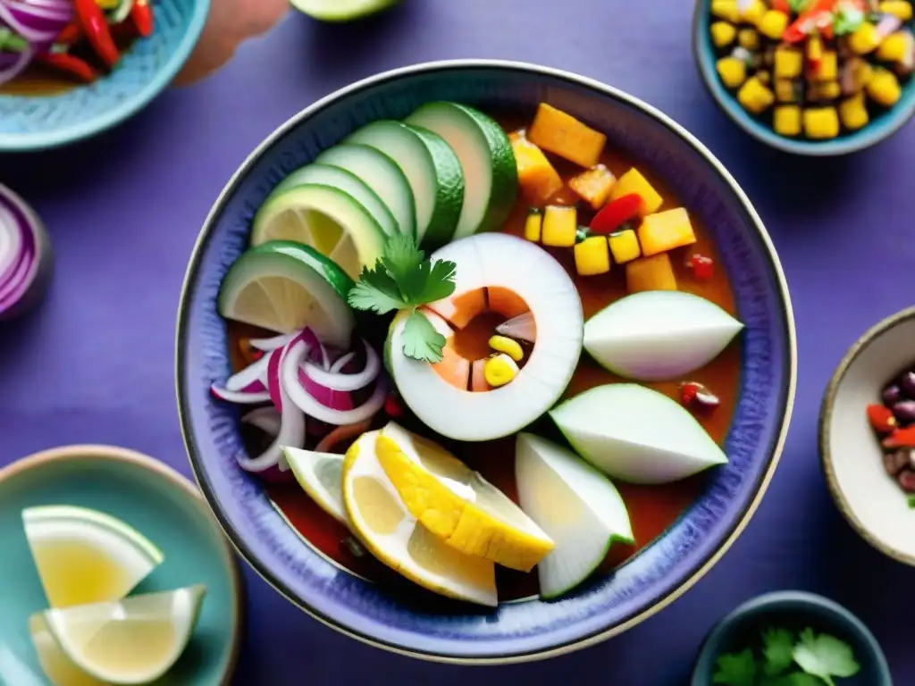 Un ceviche peruano tradicional rodeado de ingredientes locales en un colorido mercado de Perú, destacando la gastronomía peruana y su biodiversidad