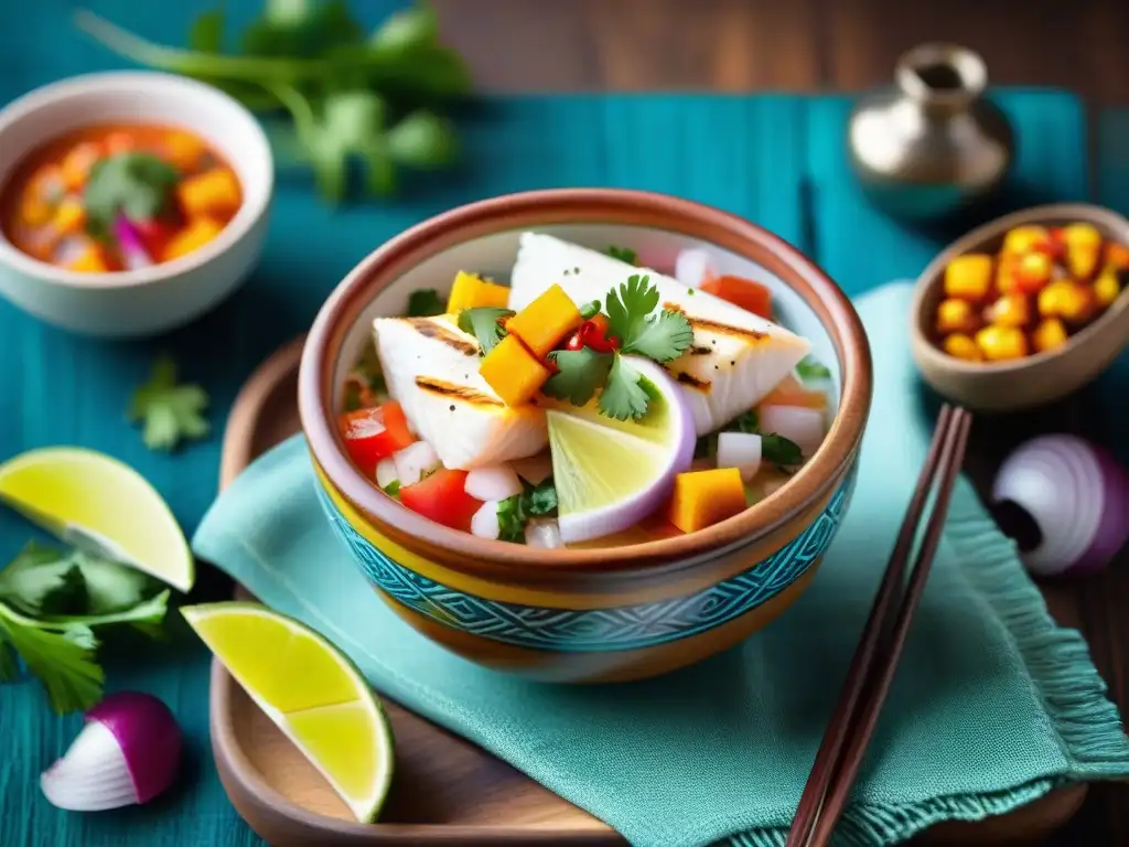 Un ceviche peruano tradicional y saludable con pescado fresco, cebolla roja, cilantro, rocoto, maíz tostado y camote en un tazón de cerámica colorido sobre una mesa de madera rústica