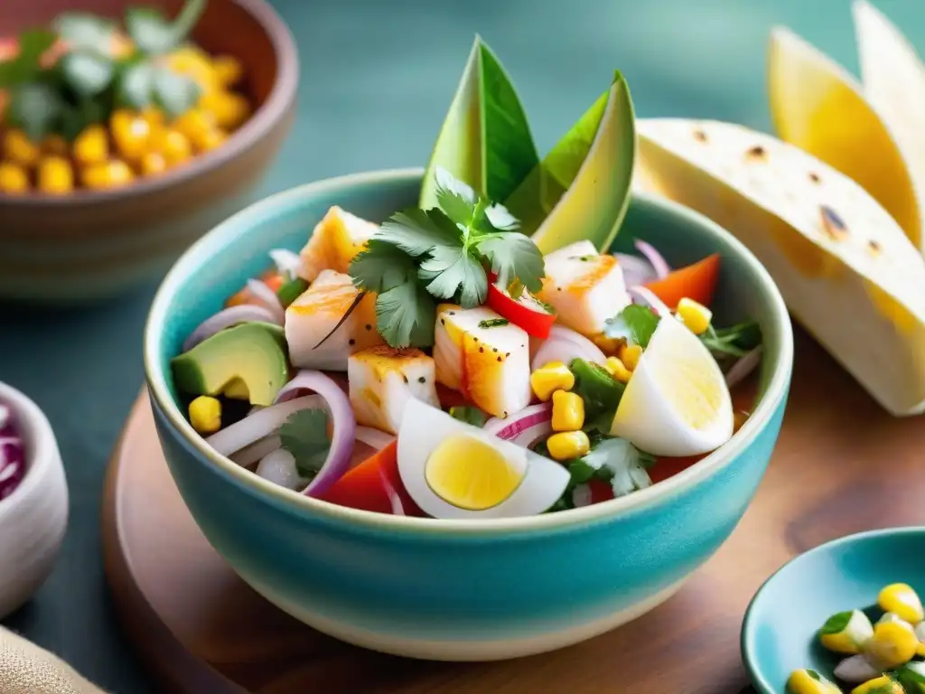 Un ceviche peruano tradicional en un tazón colorido y vibrante con pescado blanco, cebolla roja, cilantro, rocoto, aguacate y maíz