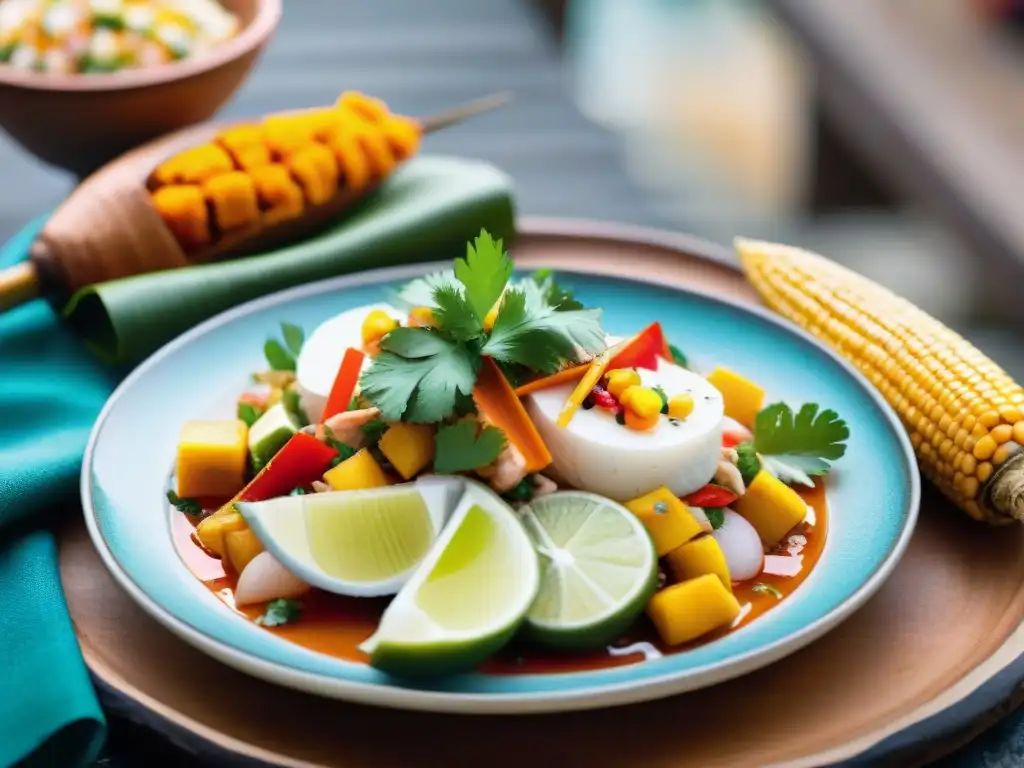 Un ceviche peruano tradicional con variedades de ají en Perú, servido en un plato rústico en un mercado local colorido