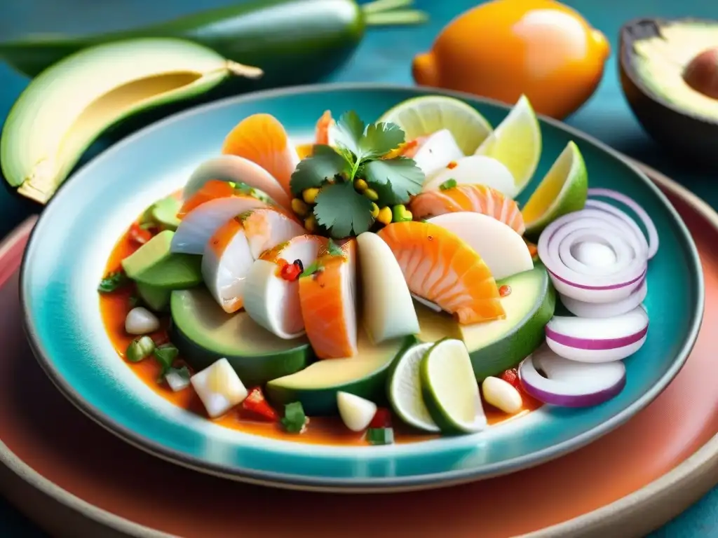 Un ceviche peruano tradicional en un vibrante plato de cerámica, capturando texturas y sabores de platos peruanos