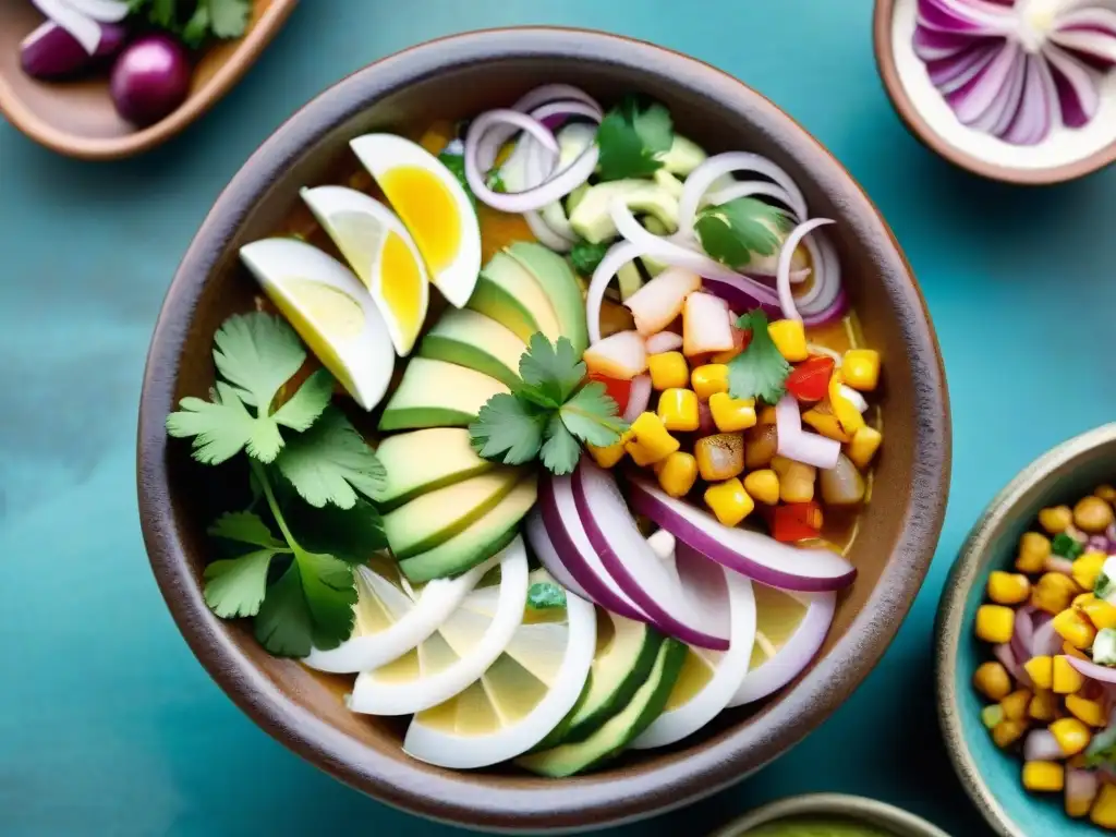 Un ceviche peruano vibrante en una cazuela de cerámica, con ingredientes frescos y coloridos, maridados en limón peruano