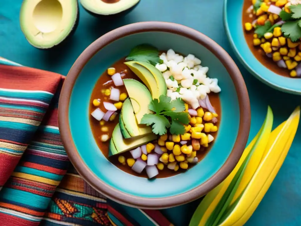 Un ceviche peruano vibrante con colores y texturas en un plato tradicional