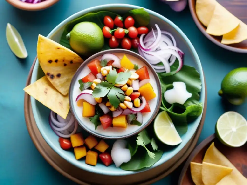 Un ceviche peruano vibrante y colorido en un plato tradicional, con ingredientes frescos y una presentación artística en un mercado peruano