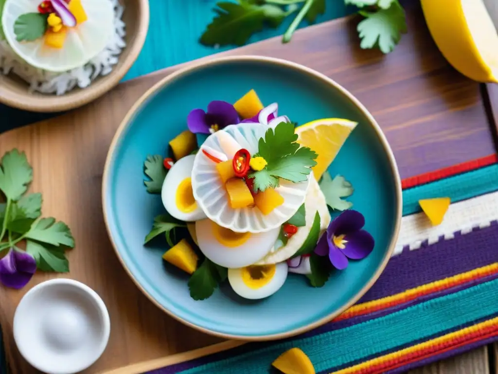 Un ceviche peruano vibrante y detallado en un plato rústico, destacando la importancia de los colores en la gastronomía peruana